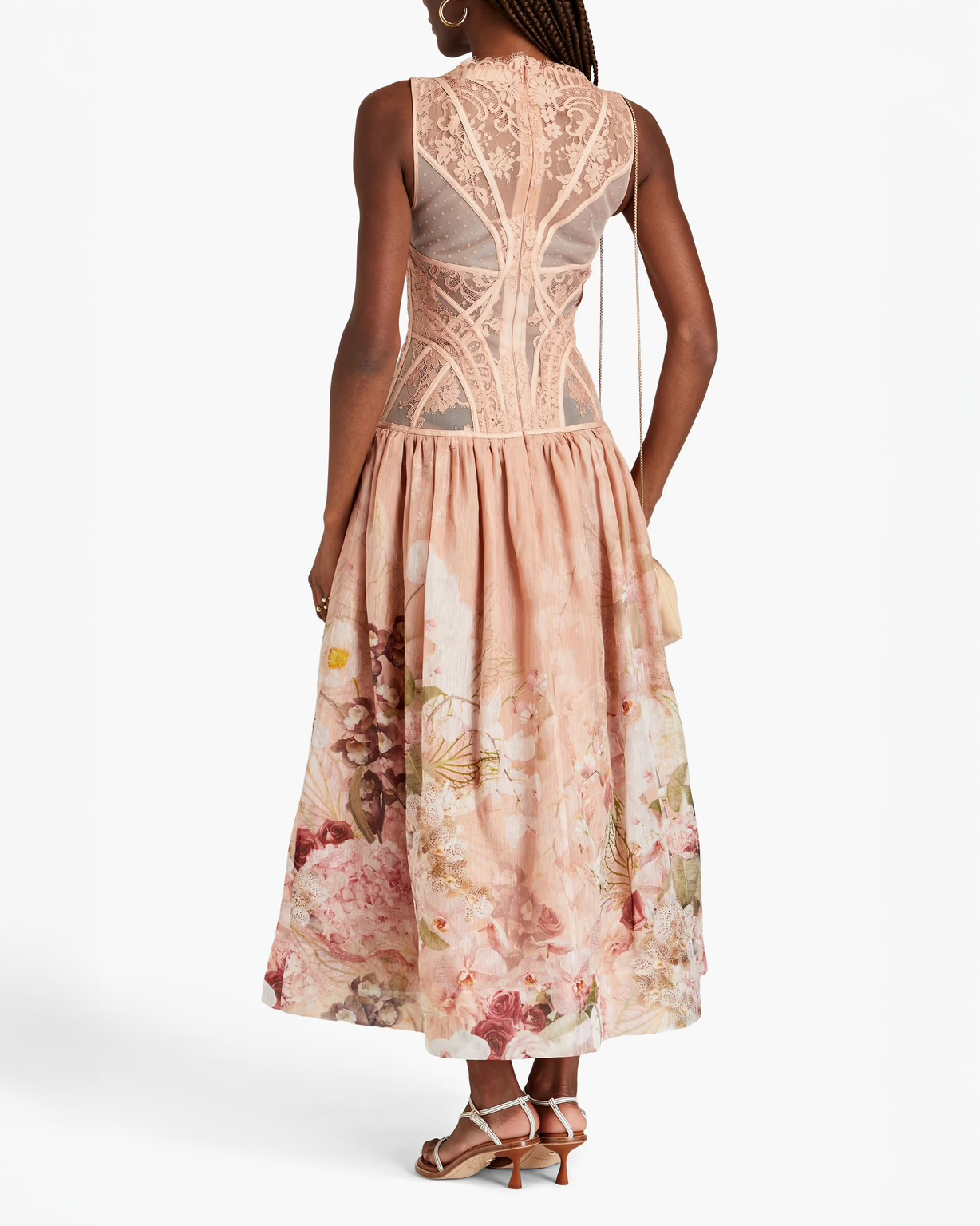 Floral-print silk and linen-blend gauze, point d'esprit and lace maxi dress