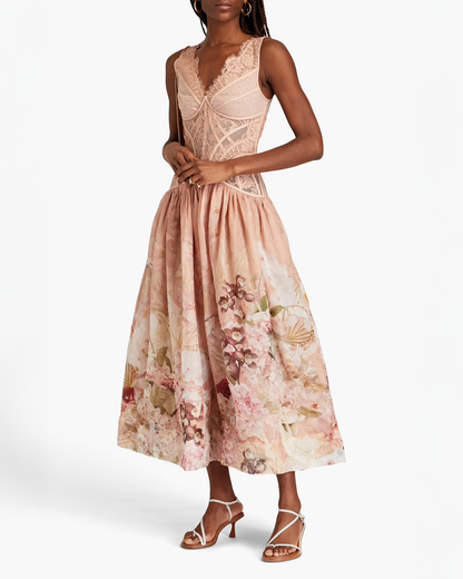 Floral-print silk and linen-blend gauze, point d'esprit and lace maxi dress